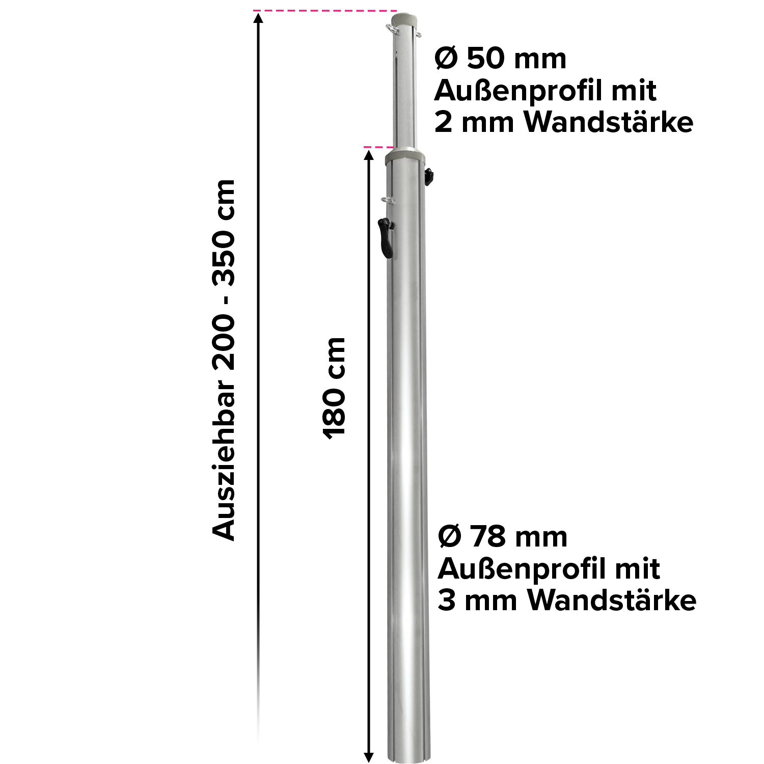 E2SSO00E13000600_easy2shade_Teleskopmast_Abmessung Teleskopmasten mit Schraubfundament Set