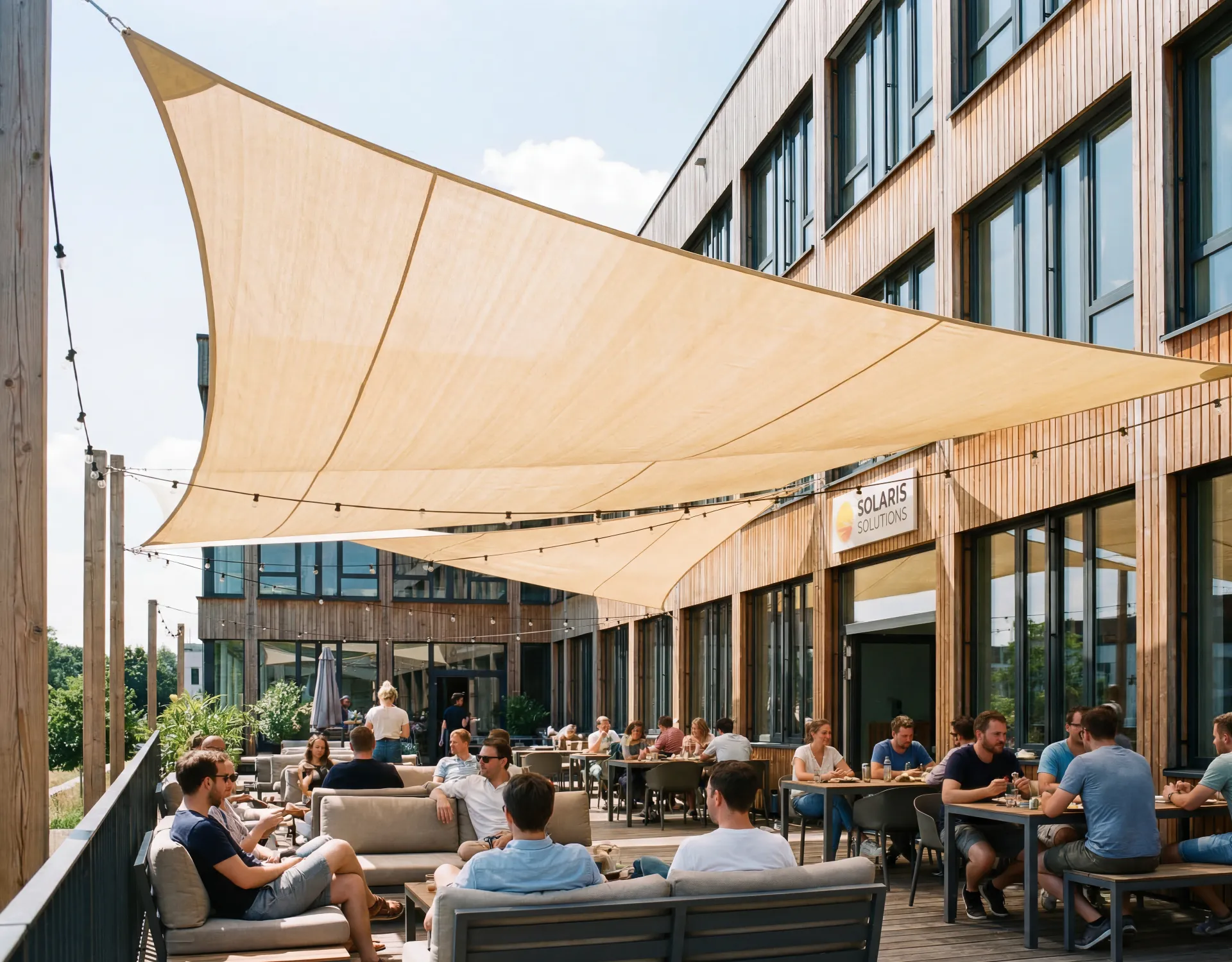 Beschattungssysteme für Gewerbe: Sonnensegel und raffbare Sonnensegel für funktionale Außenbereiche