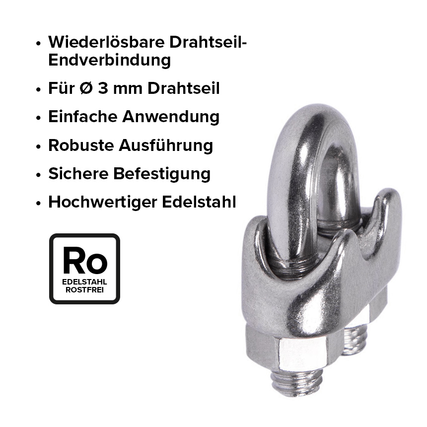 E2SSO00E13000664-Drahtseilklemme-aus-Edelstahl-USP Drahtseilklemme für 3 mm & 4 mm Drahtseile
